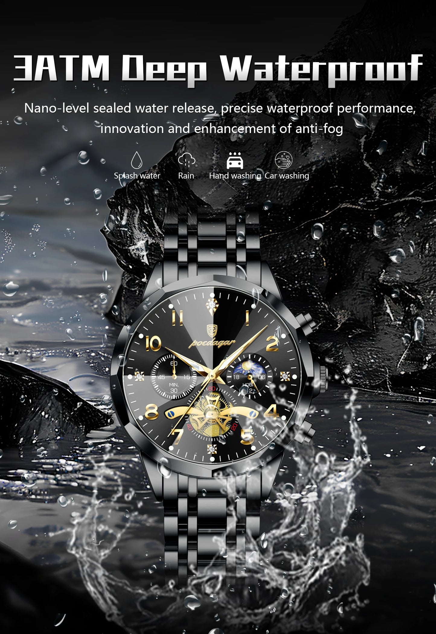 Wasserdichte Edelstahl Herrenuhr mit Chronograph und Leuchtfunktion-Yabubestshop