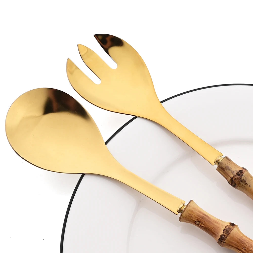 Servierbesteck Set mit Bambus Holzgriff 2er 4er Set