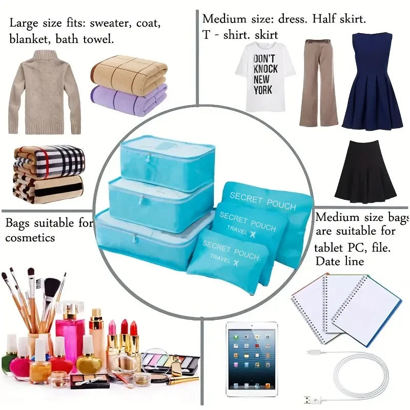 6-teiliges Reise-Set mit wasserdichten Oxford-Taschen in Rosa, Blau & Grau