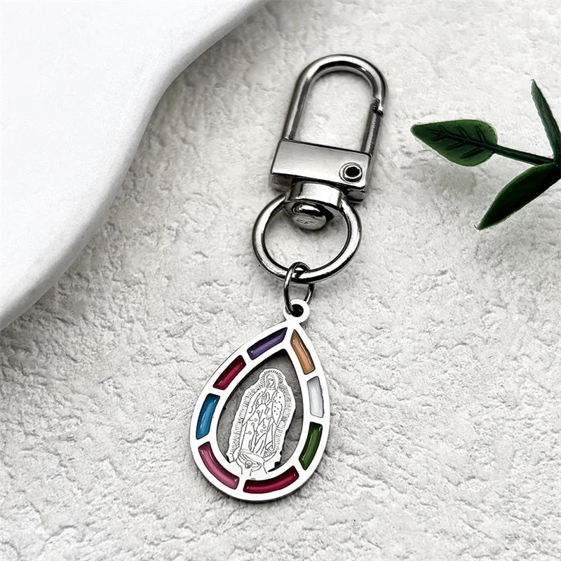 Schlüsselanhänger Jungfrau Maria Edelstahl mit Goldfarbener Emaille Tropfenform