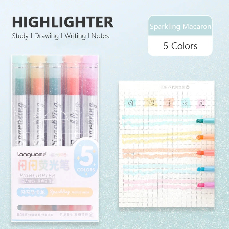 5er Set Funkelnde Glitter Textmarker: Weiche Spitze für Notizen Kunst Studium