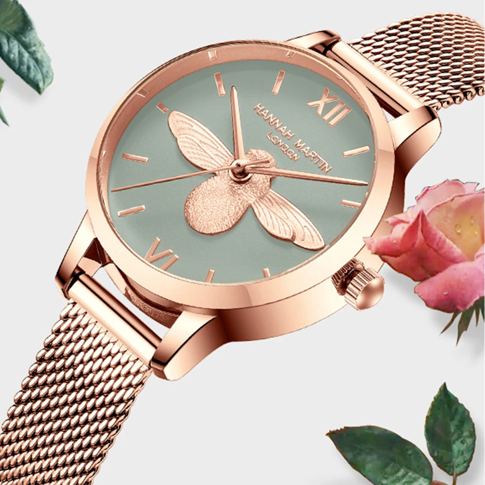 Damen Roségold Uhr Armband Set Elegante Bienen Zifferblatt Armbanduhr