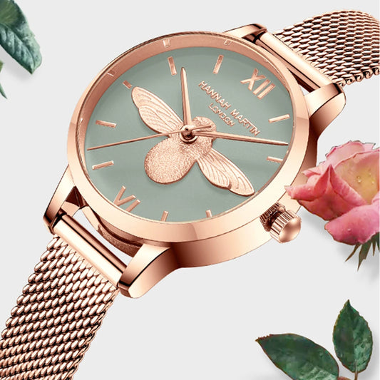 Damen Roségold Uhr Armband Set Elegante Bienen Zifferblatt Armbanduhr