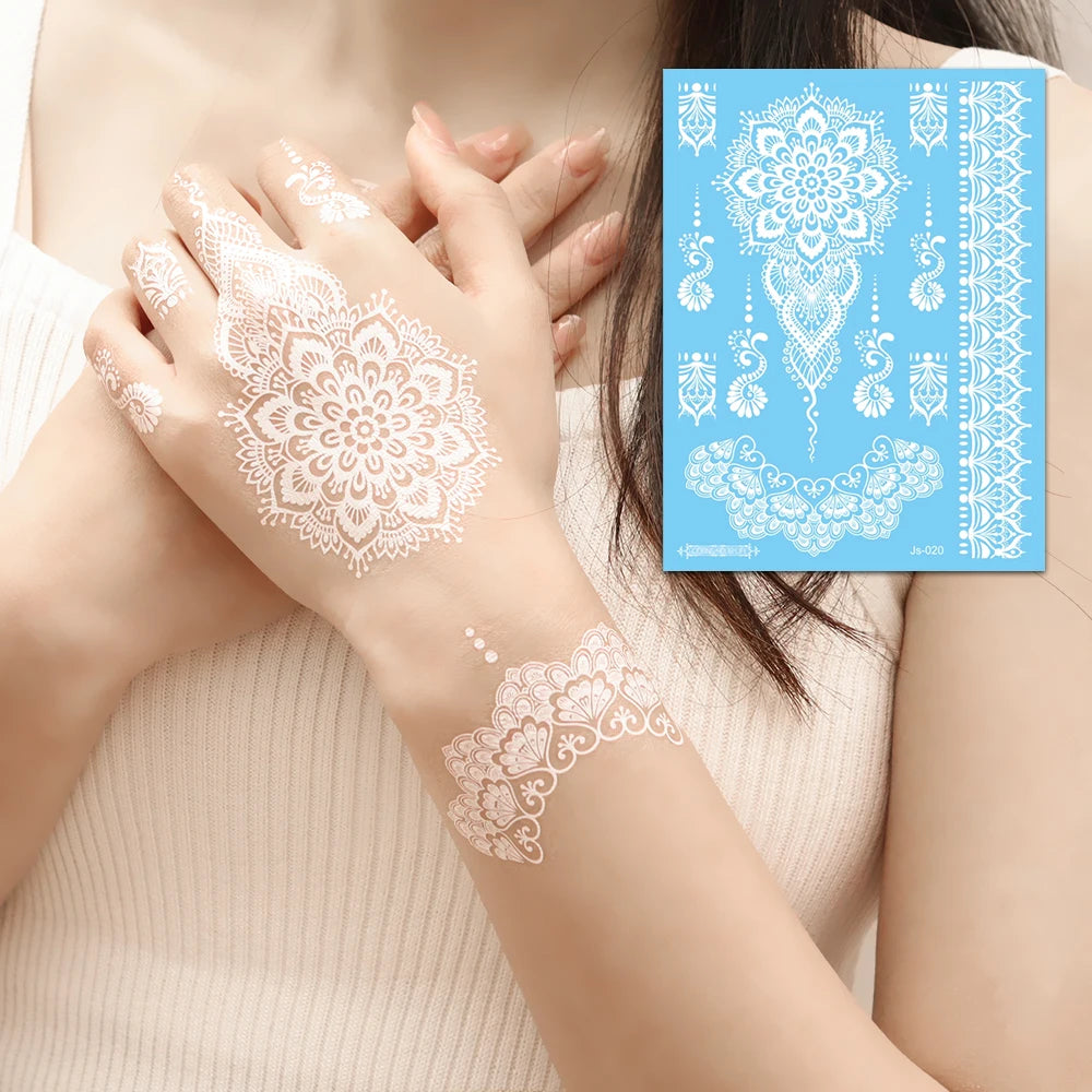 6 Blatt Weiße Henna Tattoos Boho Wassertransfer Körpertattoos Damen