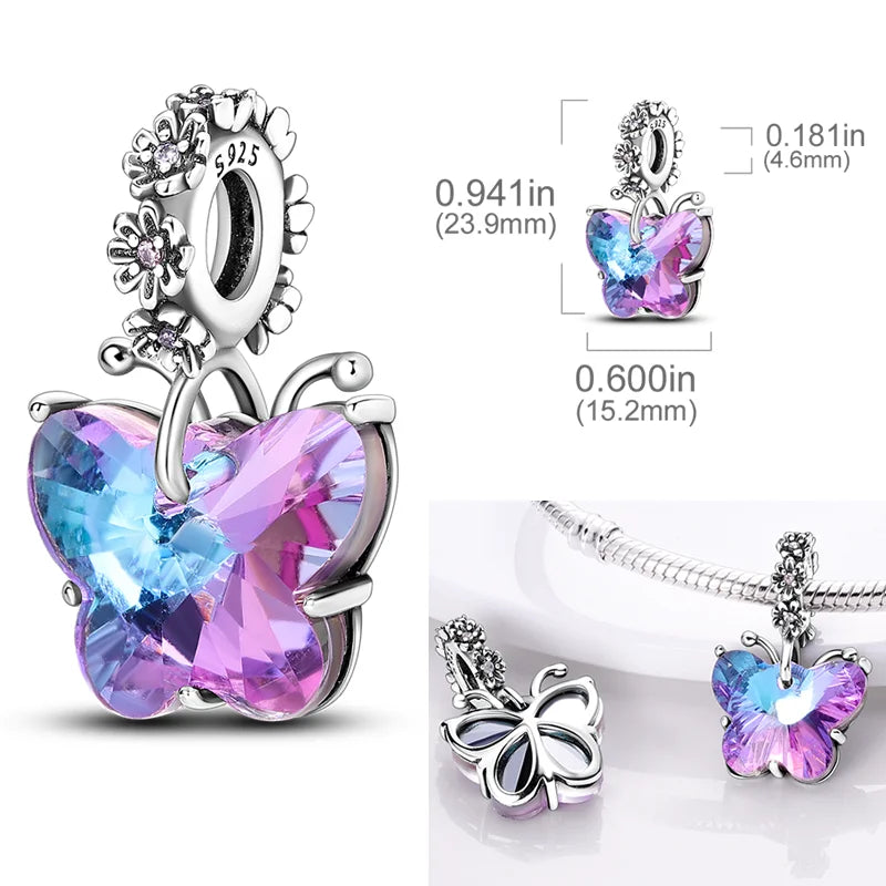 925 Sterling Silber Charm mit rosa Schmetterling - leuchtenden Glühwürmchen