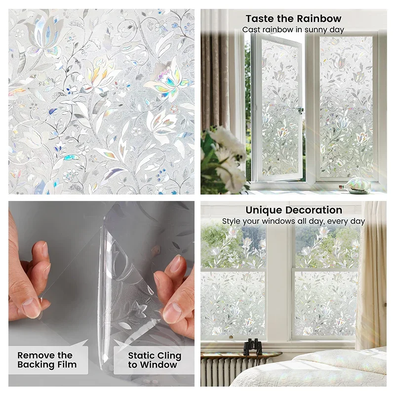 Statisch haftende Fensterfolie Vinyl mit 3D Regenbogen Motiv