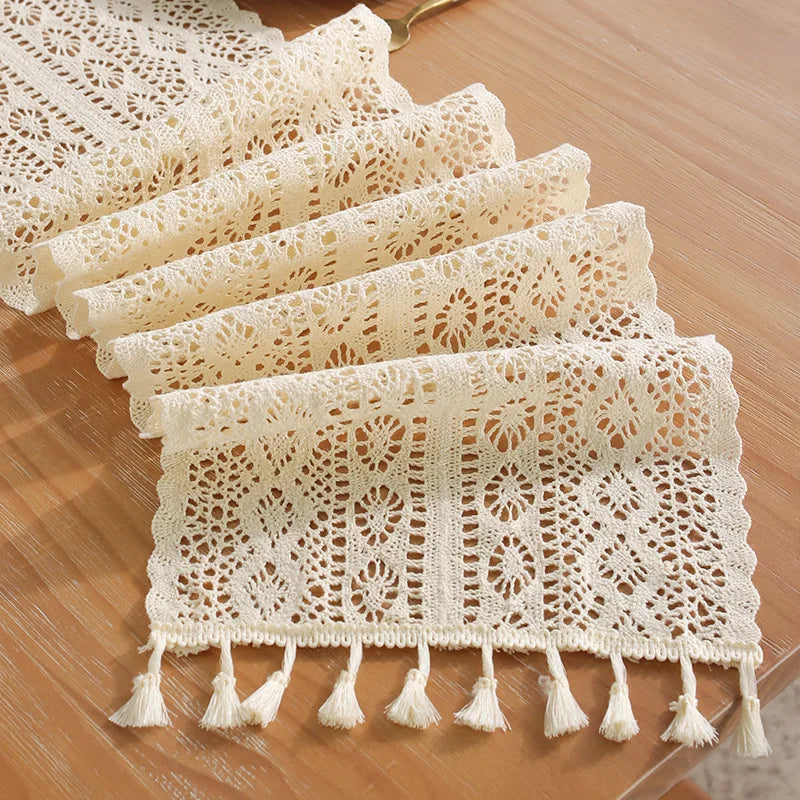 Vintage Beige Tischläufer Häkelspitze Quaste für Couchtisch Hochzeitsdeko