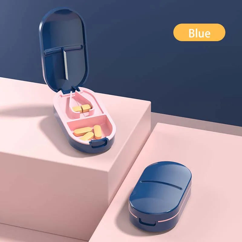 Tragbarer Pillenschneider - Medikamenten Organizer 2-in-1 mit sicherer Aufbewahrung