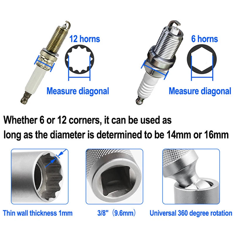 Zündkerzen Steckschlüssel Adapter Set 14mm 16mm Universalgelenk 3/8 Zoll