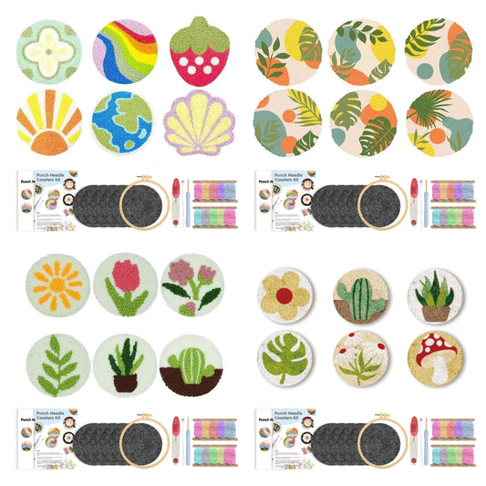 6-teiliges Punch Needle Untersetzer Set mit Pflanzenmuster für Anfänger