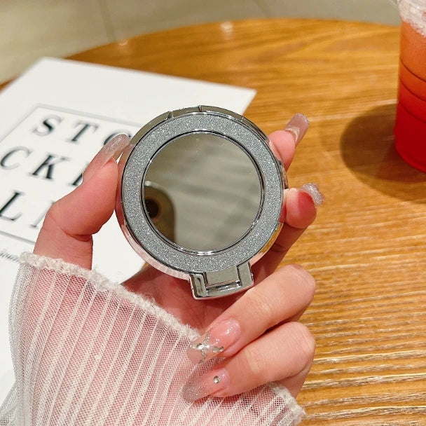 Glitzer-Handyhalter mit Ringgriff und runder Spiegel fürs Smartphone
