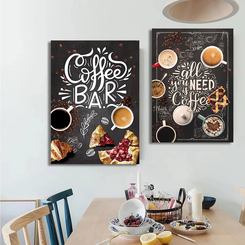 Kaffeetasse Poster Nordic Drucke Kaffee Bäckerei Kuchen Pizza Tafeln Leinwand Malerei Bilder für Cafe Shop Home Küche Dekor