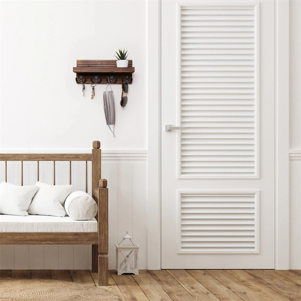 Rustikaler Holz Schlüsselhalter mit Regal und 4 Haken für Eingang