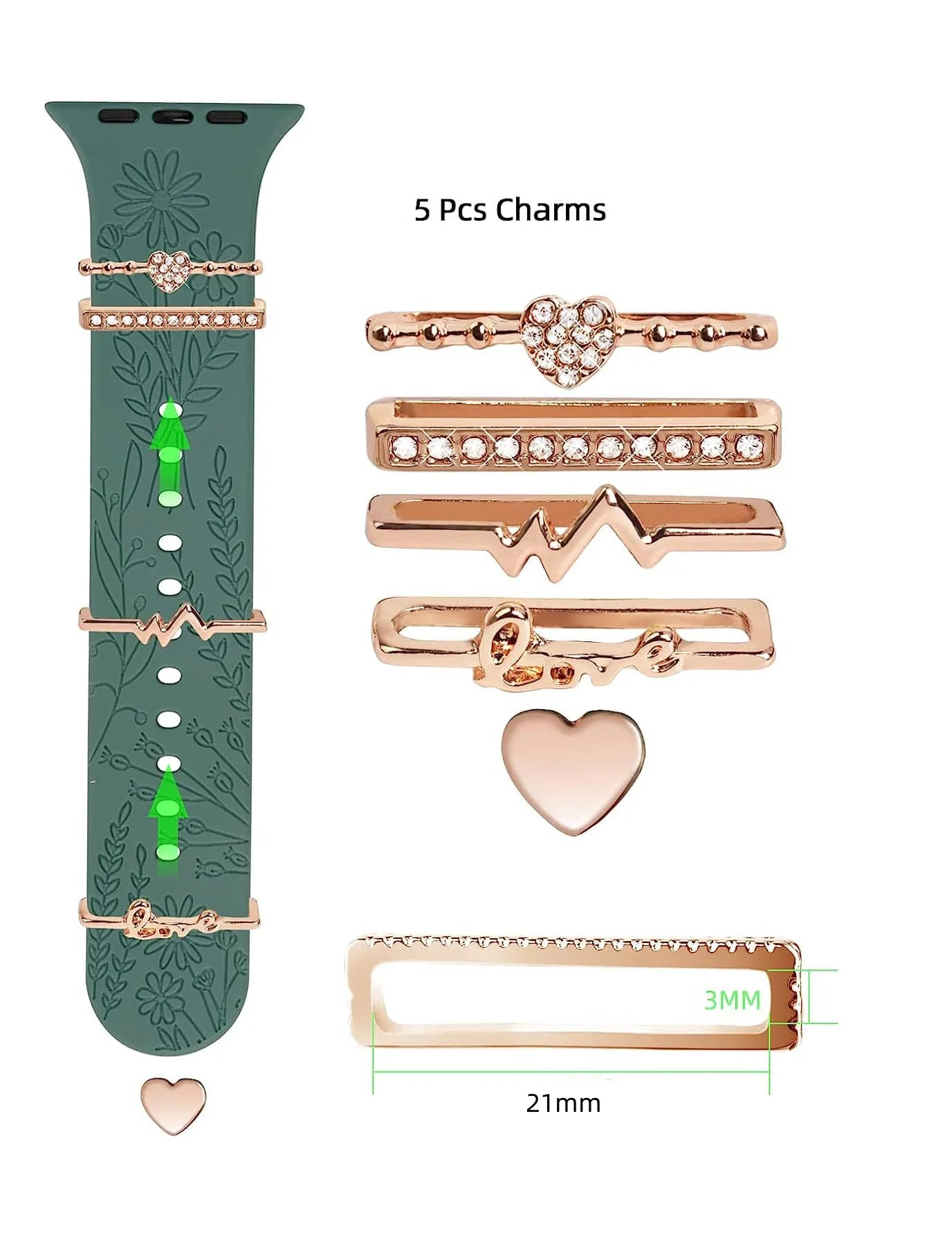 5 Stück Strass-Armband-Ringschlaufen, Nägel, Nieten, niedliche Metall-Uhrenarmband-Charms, Dekorationen, kompatibel mit Uhren der IWatch-Serie-Yabubest - Home & More