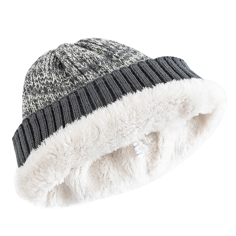 Unisex Zweifarbige Winter Beanie Mütze mit Pelzfutter für Wärme