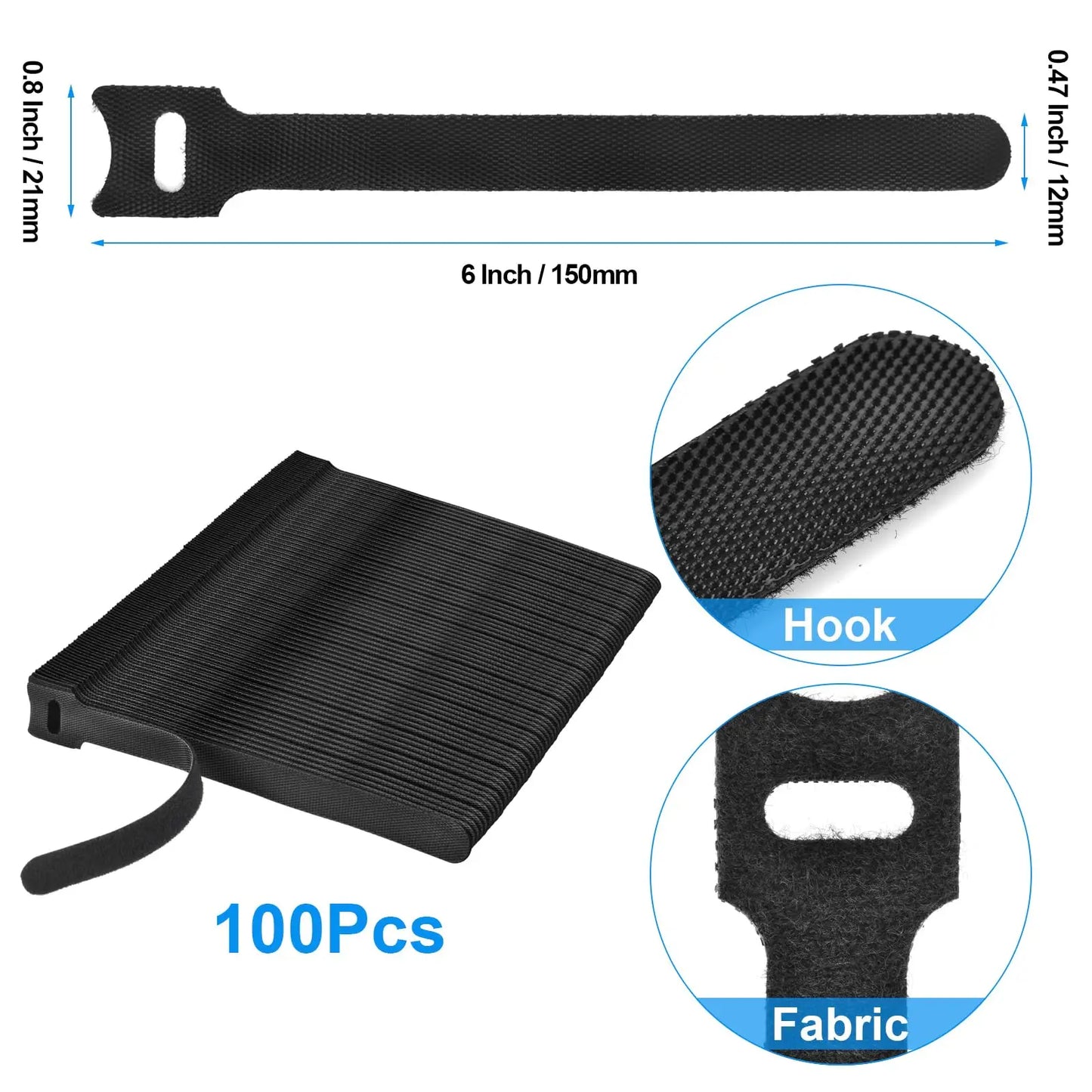 100x Schwarze Klett Kabelbinder Wiederverwendbar – Organizer Büro Haus IT
