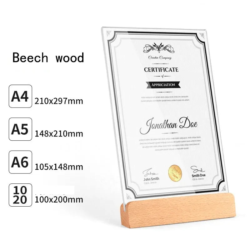 Transparenter Acryl Fotorahmenhalter mit Holzsockel für A4 A5 A6 Formate