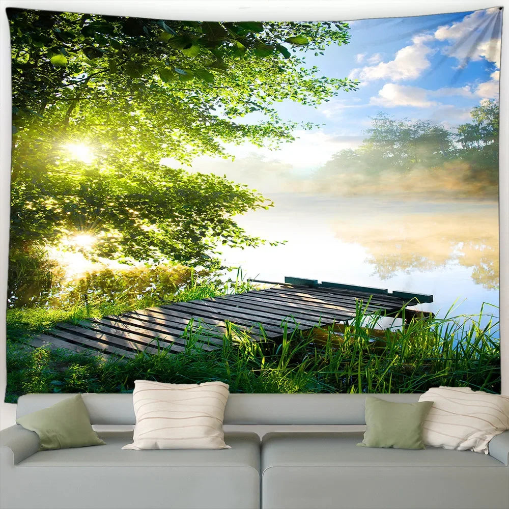 Ländliche Landschafts Tapisserie mit Wald und Wasserfall Motiv