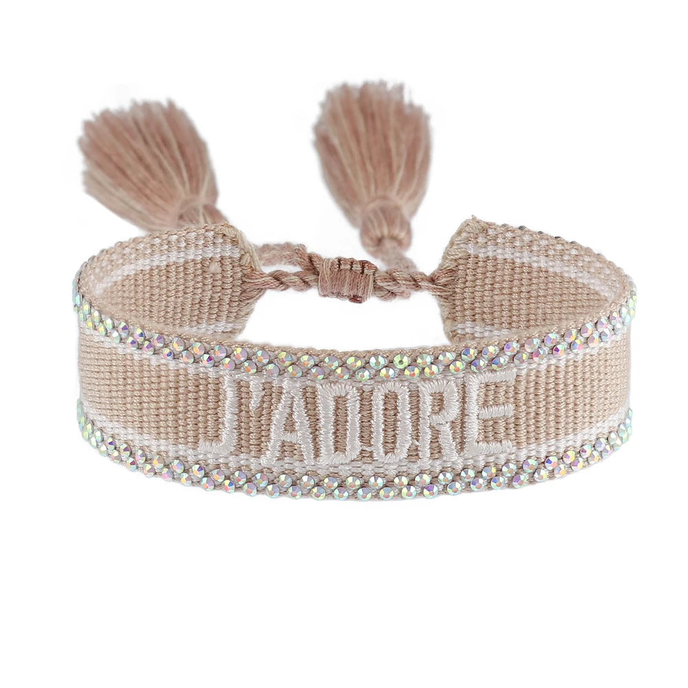 Freundschaftsarmbänder mit Schriftzug und Bling Steinen aus Baumwolle