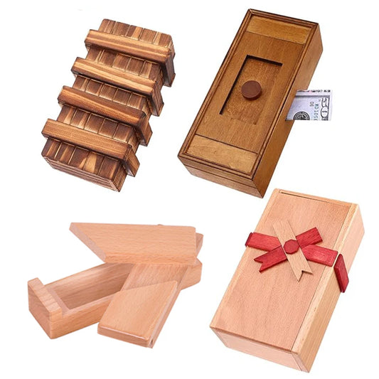 Klassische hölzerne Puzzlebox mit geheimem Fach für Gehirntraining