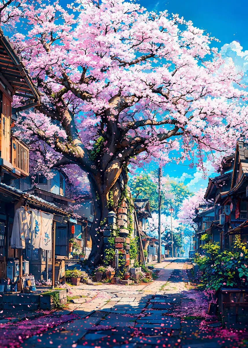 Japanisches Kirschblüten-Dorf Leinwanddruck mit Mount Fuji Wandkunst-Yabubest - Home & More