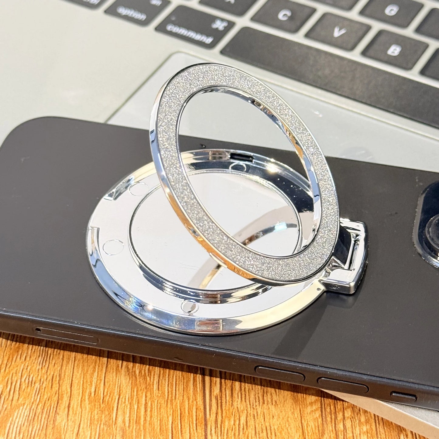 Glitzer-Handyhalter mit Ringgriff und runder Spiegel fürs Smartphone