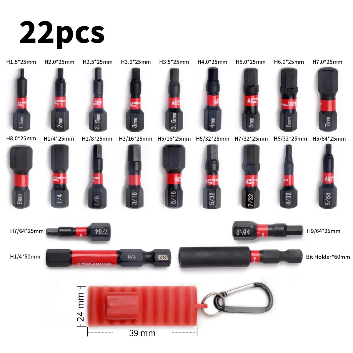 22-teiliges Sechskant Bit Set metrisch und imperial im Organizer