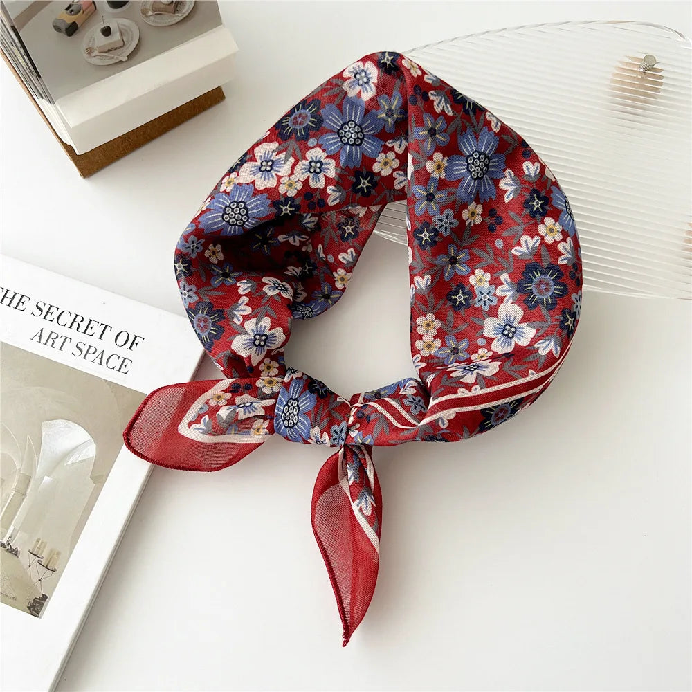 Baumwolle Leinen Quadrat Schal 55 cm Blumenmuster für Damen Frühling Sommer