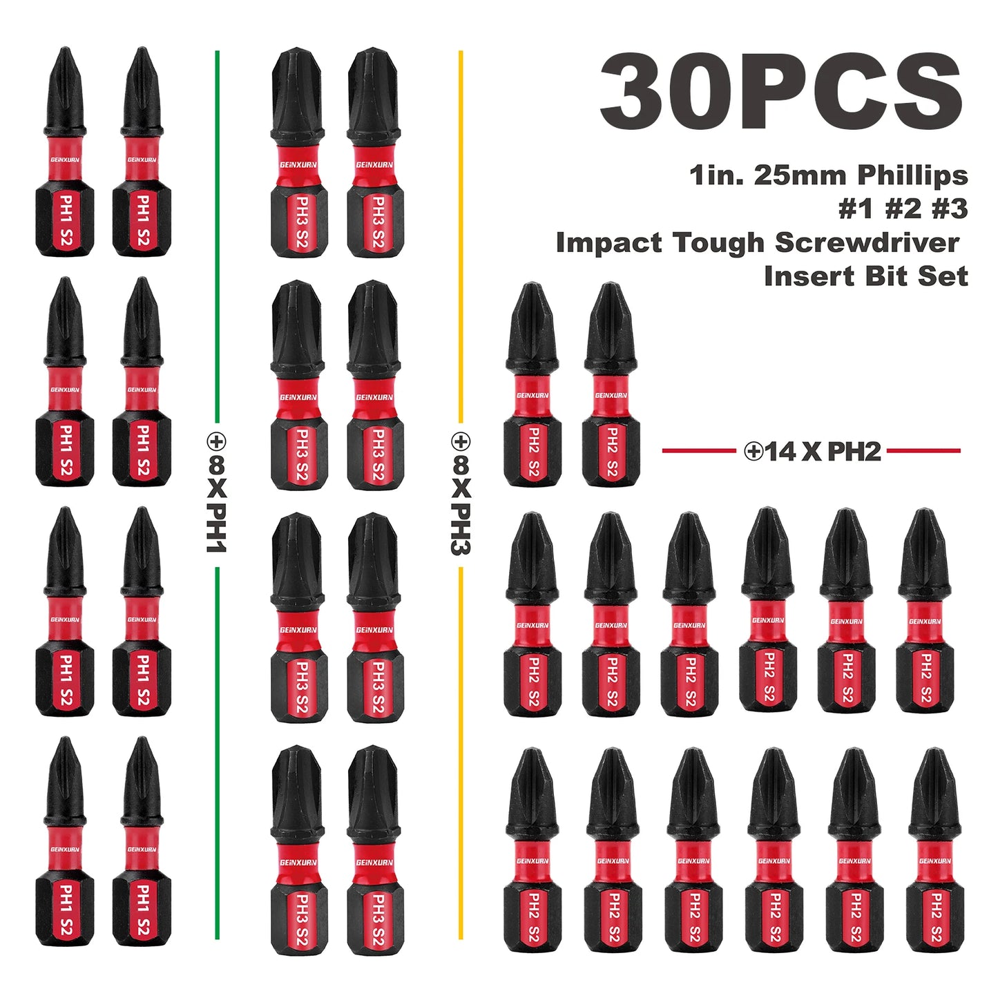 25mm Schlagbohrer-Bits Set PH1 PH2 PH3 | S2 Stahl magnetisch