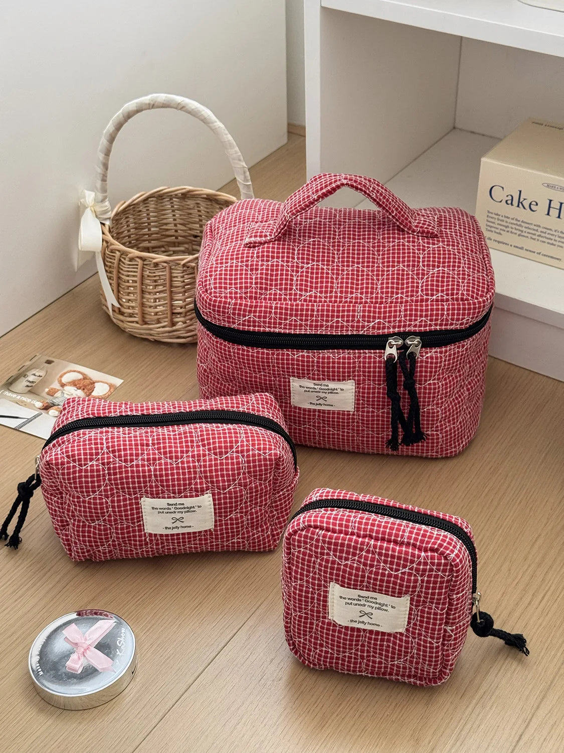 Gesteppte herzförmige karierte Damen Kosmetiktasche große Kapazität