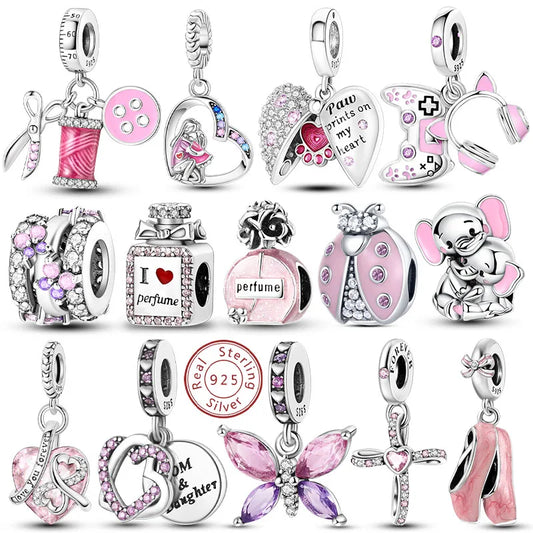 Romantische rosa 925 Silber Charms mit Zirkon – Herz - Parfüm Flasche Set