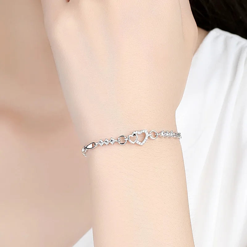 925er Sterling Silber Damen Armband mit lila Zirkon Herz Charm