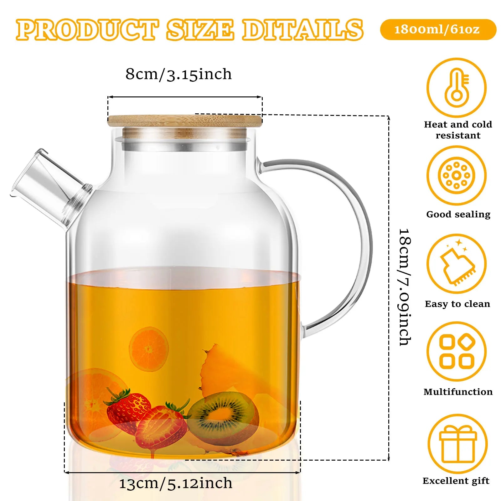 Multifunktionaler Glaskrug mit Bambusdeckel und Griff 1800ml