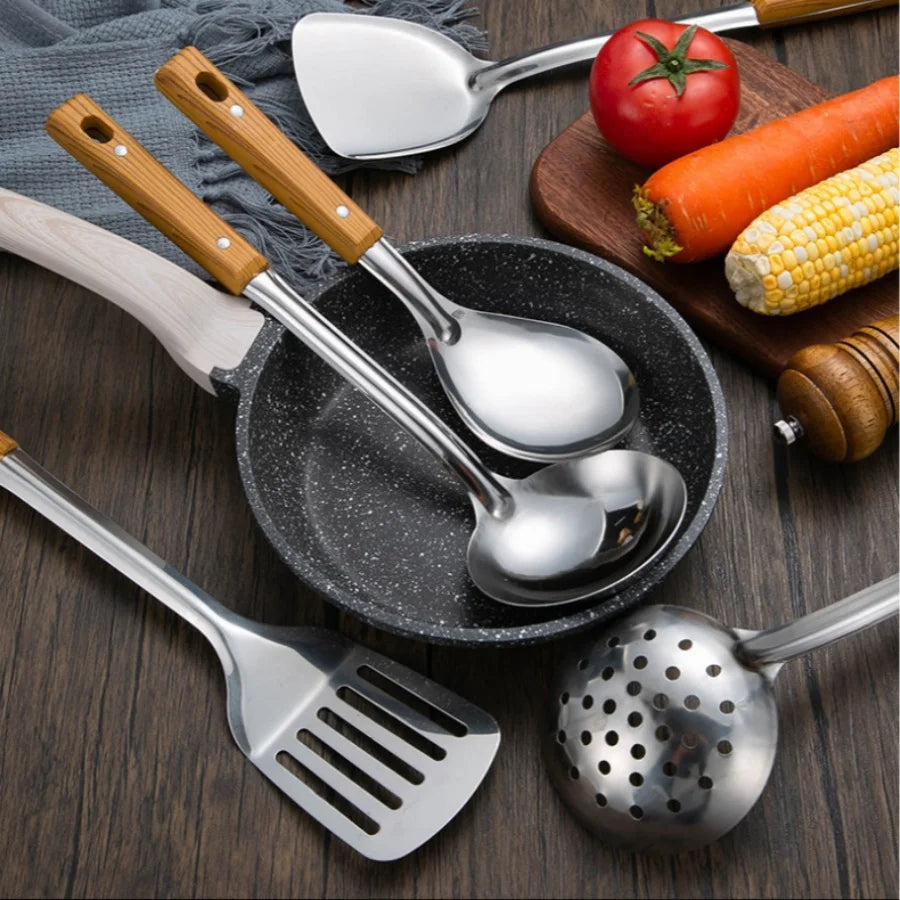 Edelstahl Küchengeschirr Set mit Griff in Holzoptik für Kochen