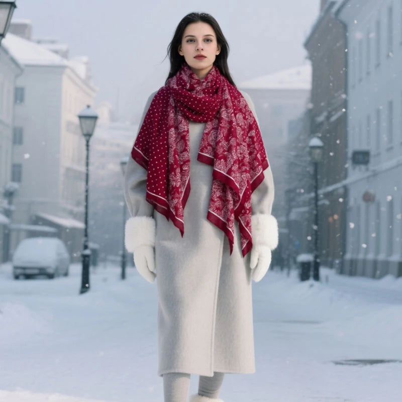 Roter Damen Schal Paisley Polyester Lang Warm Foulard Poncho Echarpe