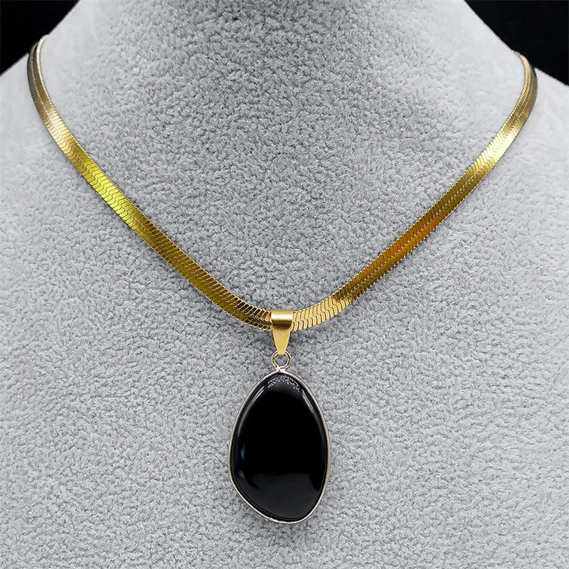 Unregelmäßiger Schwarzer Obsidian Anhänger mit Edelstahl Schlangenkette