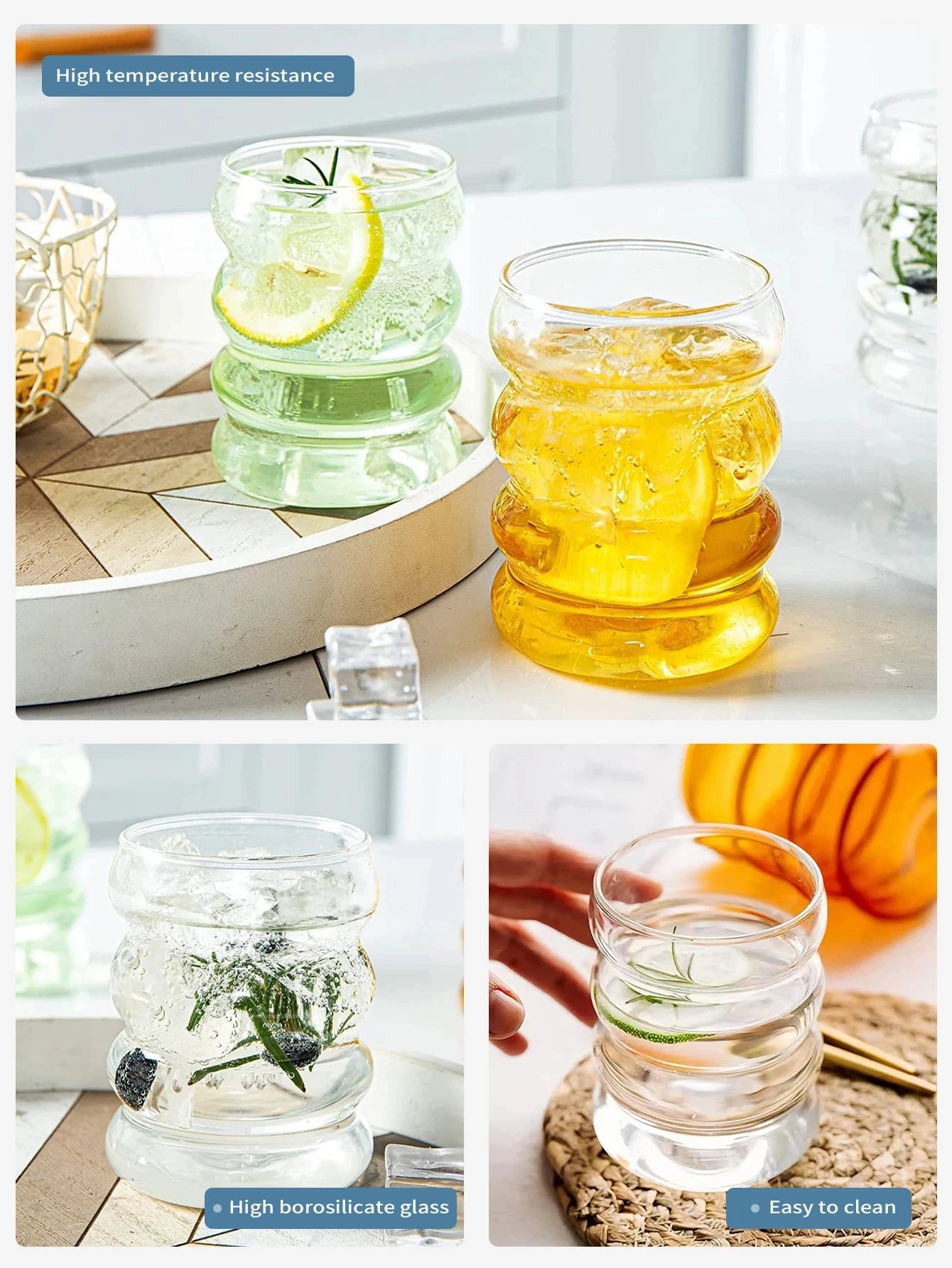 Vielseitiges 4-teiliges Glasbecher-Set mit geripptem Design, Strohhalmen & Bürste