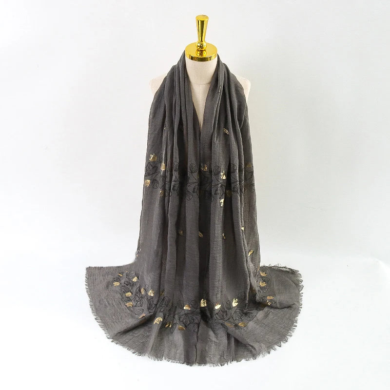 Damen Baumwoll-Leinen Schal Gold Bedruckt Quadratisch Kleine Blumenmuster