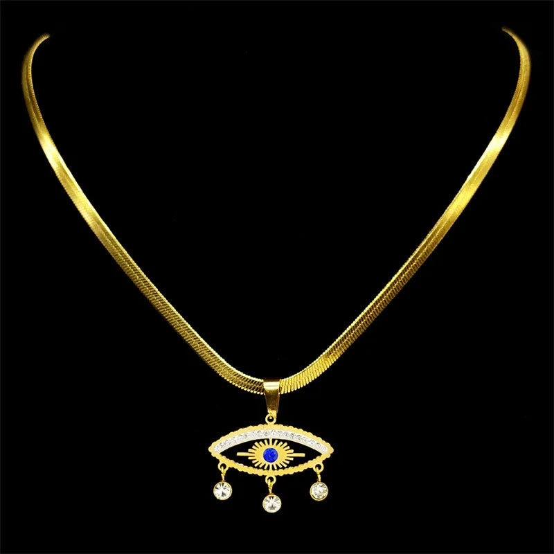 Edelstahl Halskette mit Evil Eye Anhänger und Quaste Goldfarbe