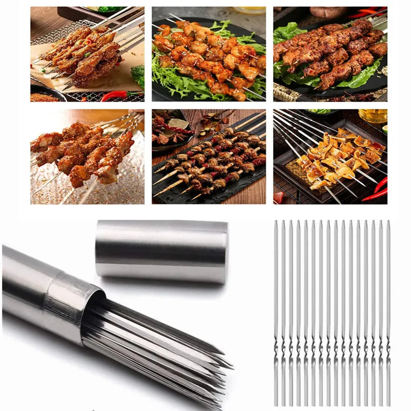 20 Edelstahl Grillspieße flach wiederverwendbar für BBQ Camping Kochspaß