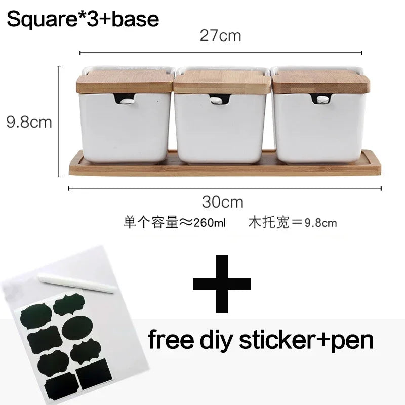 Keramik Gewürzregal mit Bambus Tablett und Holzdeckel Vorratsbehälter Set