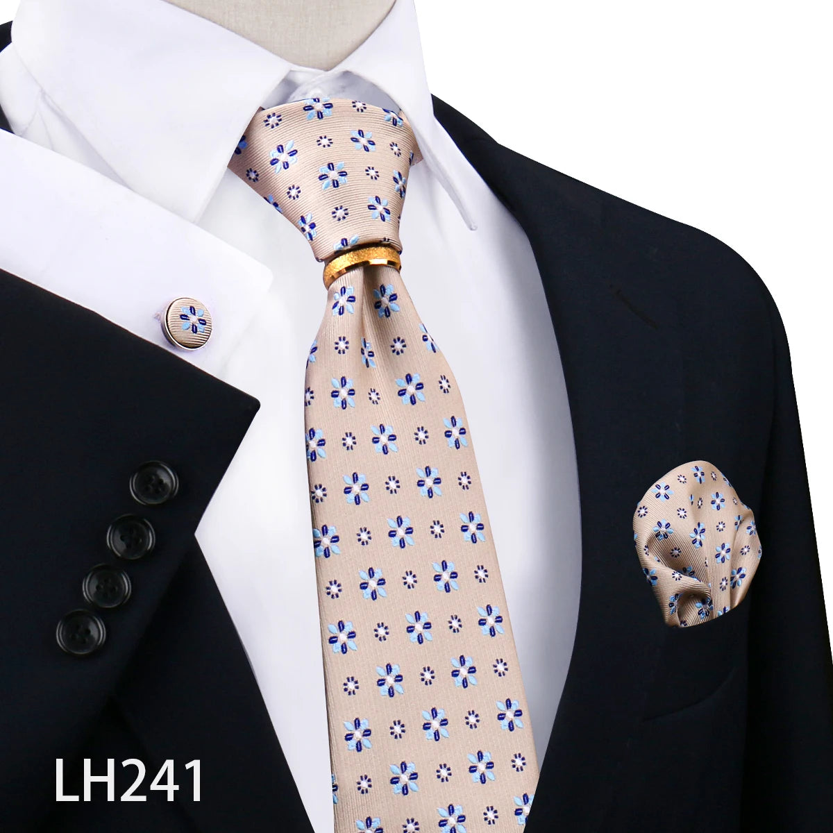 Herren Krawattenset Gold Ring, Manschettenknöpfe, Einstecktuch Festlich