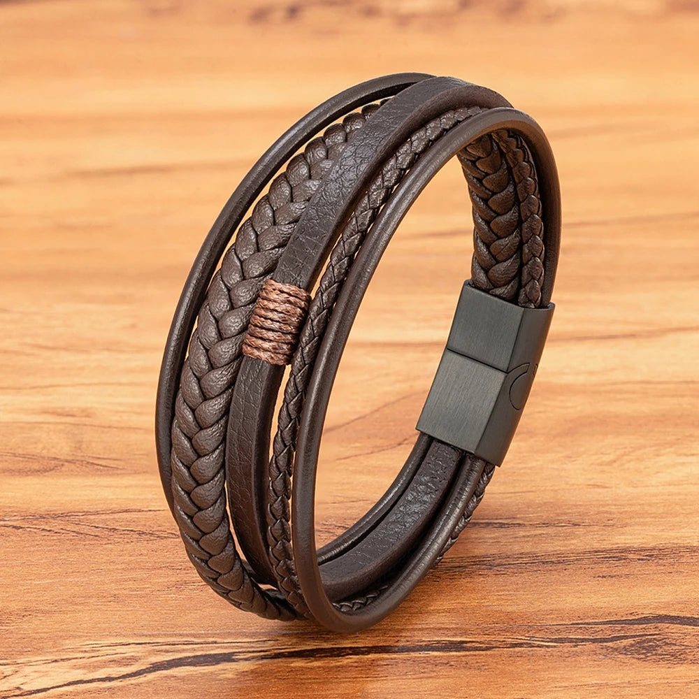Luxus mehrschichtiges Lederarmband mit Edelstahl Magnetverschluss für Männer