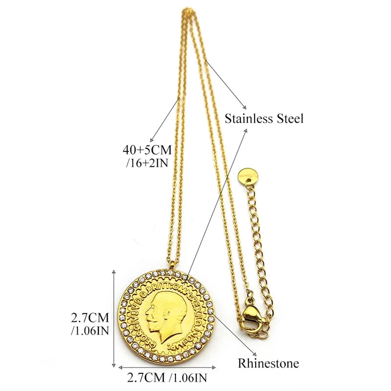 Edelstahl Halskette mit Münzanhänger Rund Goldfarbe Unisex 70cm