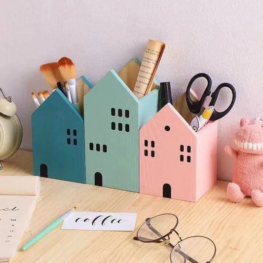 Holz Haus Stifthalter Cartoon Desktop Organizer Bleistift Make-up Pinsel Box