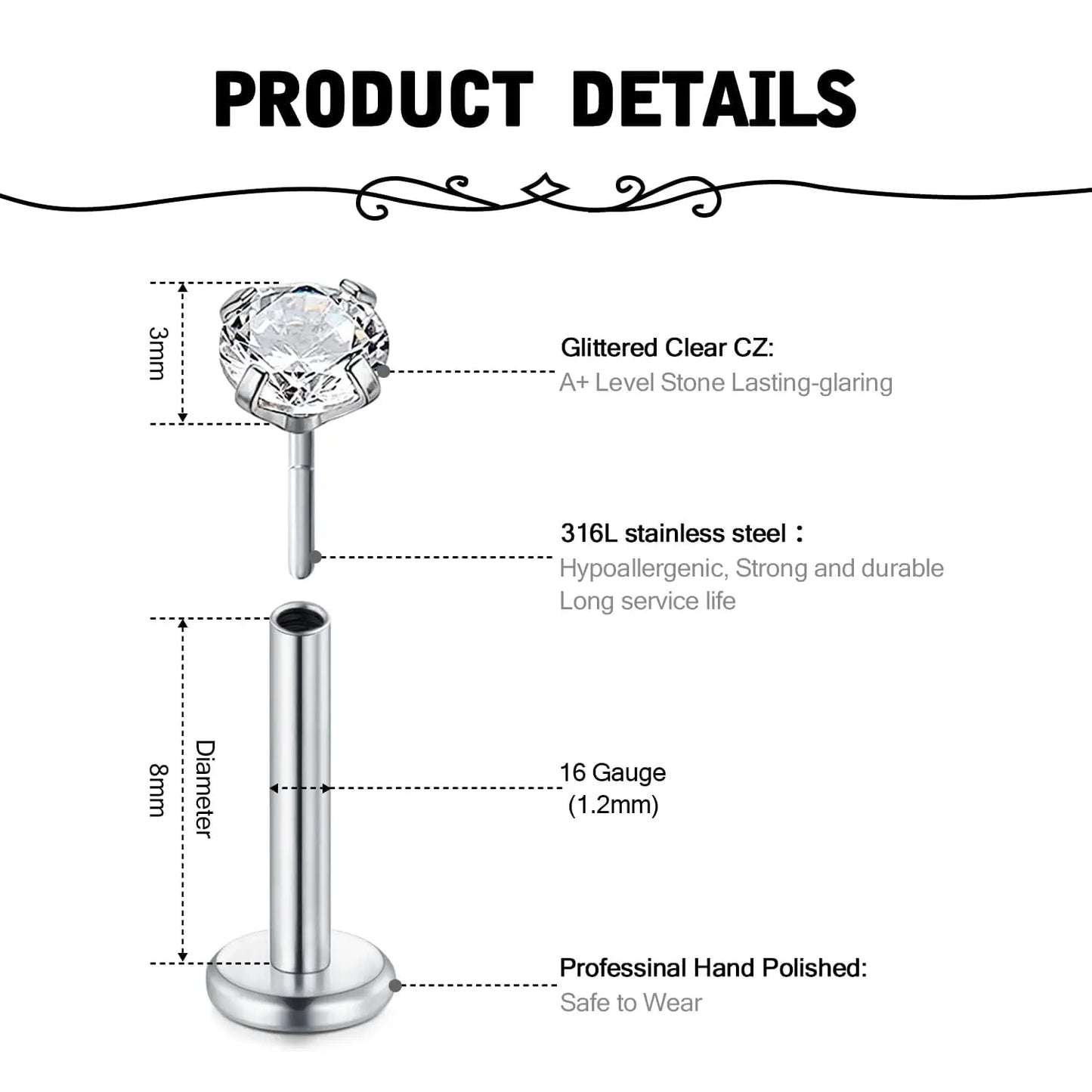 16g Faden Ohrstecker mit flachem Rücken für Tragus Helix Labret