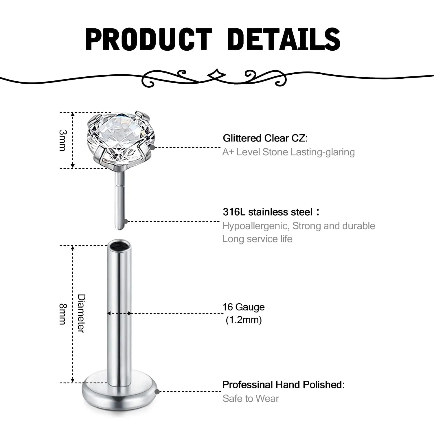 16g Faden Ohrstecker mit flachem Rücken für Tragus Helix Labret
