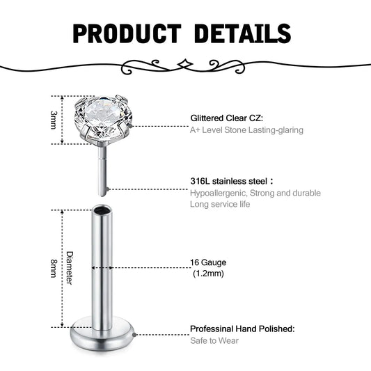 16g Faden Ohrstecker mit flachem Rücken für Tragus Helix Labret