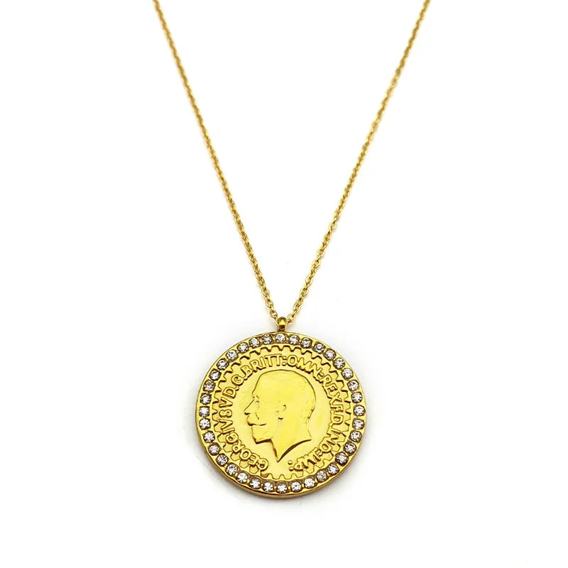 Edelstahl Halskette mit Münzanhänger Rund Goldfarbe Unisex 70cm