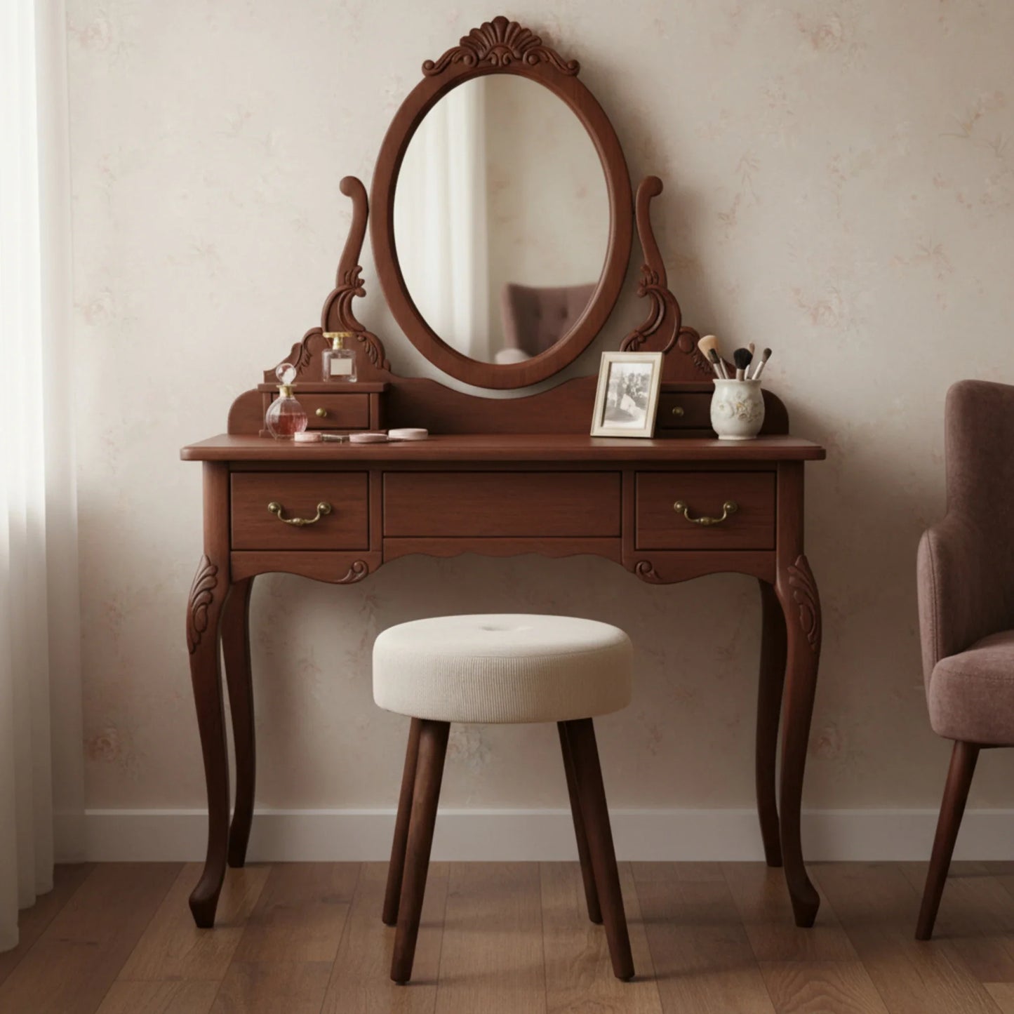 Hocker Fußhocker Polsterhocker Cord Holzbeine Sitzhocker rund beige 35x45 cm